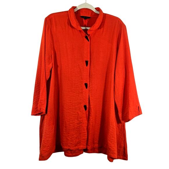 W John Mark Orange Woven Horn Toggle Button Down Shirt Blouse Sz XL Flowy Lagen - Picture 1 of 12